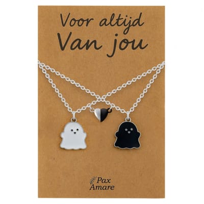 Koppel Ketting voor 2 'Voor altijd van jou' - Spookjes + Magnetisch Hartje - Vriendschapsketting op Cadeau Kaartje - 45cm + 5cm verstelbaar - Zilverkleurig - Persoonlijke Hanger - Pax Amare