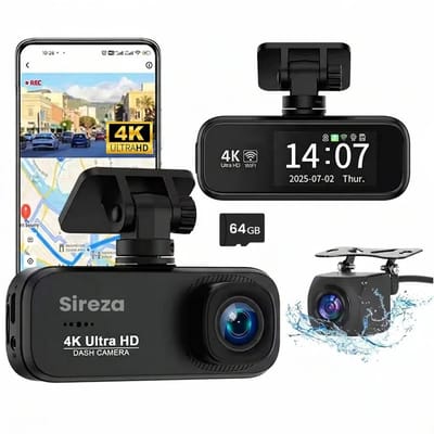 Sireza® D3 - Dashcam - Dashcam Voor Auto - Dual Dashcam - Ultra 4K & UHD - Voor en Achter Camera - WiFi - 2 inch met App - A-GPS live locatie + snelheid - 64GB SD Kaart - Loop Opname - G Sensor -mini koevoet - NL/FR/ENG Handleiding