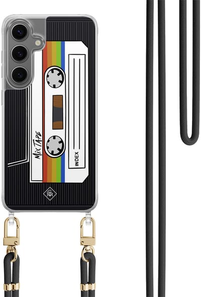 Casimoda® hoesje met koord - Geschikt voor Samsung S24 Plus - Cassette Mixtape - Afneembaar koord - TPU/polycarbonaat - Zwart