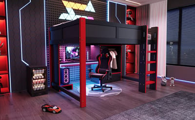 Hoogslaper 140x200 Gaming Bed – Met RGB LED, Bureau, Kledingkast en Lades – Zwart/Rood – Tienerbed Hoog-Laagbed – Zonder Matras