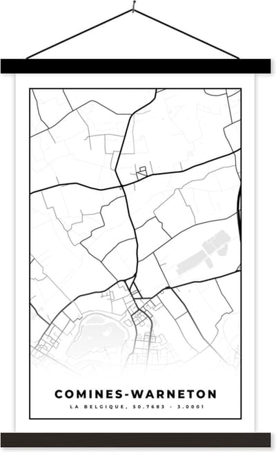 Posterhanger incl. Poster 40x60 cm - Schoolplaat - Stadskaart – Zwart Wit - Kaart – Comines Warneton – België – Plattegrond - Textielposter - Zwarte latten - Stadskaart