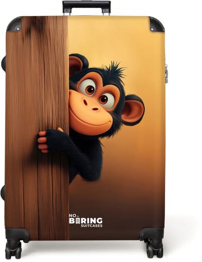 NoBoringSuitcases.com® - Kinderkoffer - Kindertrolley jongen en meisje - Een aap achter houten muur - Koffer kind groot - Rolkoffer met 4 wielen - Grote trolley XL - 98 liter bagage