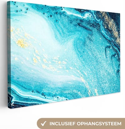 Canvas schilderij 150x100 cm - Wanddecoratie Marmerlook - Blauw - Goud - Luxe - Glitter - Marmer - Muurdecoratie woonkamer - Slaapkamer decoratie - Kamer accessoires - Schilderijen op canvas