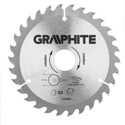 Graphite 57H652 Cirkelzaagblad voor Hout 165mm, Asgat 30mm, Tanden 30, Dikte 2,8, Vulringen 16/20/25, TCT