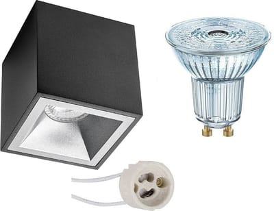 Opbouwspot Set - LEDVANCE Parathom PAR16 940 36D - Pragmi Cliron Pro - GU10 Fitting - Dimbaar - Opbouw Vierkant - Mat Zwart/Zilver - 3.4W - Natuurlijk Wit 4000K - Verdiept - 90mm