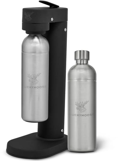 Luckymoose Bruiswatertoestel Infinity-S - Soda Maker met 2x 1,25L RVS Drinkfles Zilver - Bruiswater Toestel Zwart - Werkt met blauwe cilinders