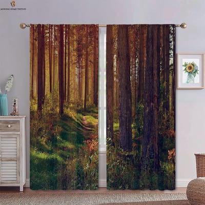 Herfst Mistig Bos Landschap 3D Geprinte Gordijnen Polyestervezel Tunnelzak Slaapkamer Woonkamer Keukengordijnen 2 Stuks W50xH130(CM)x2PCS&Rod pocket beige