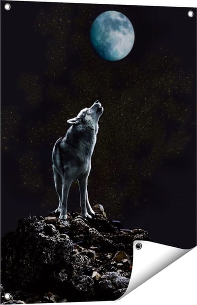 Gards Tuinposter Wolf Huilt naar de Volle Maan - 60x80 cm - Tuindoek - Tuindecoratie - Wanddecoratie buiten - Tuinschilderij