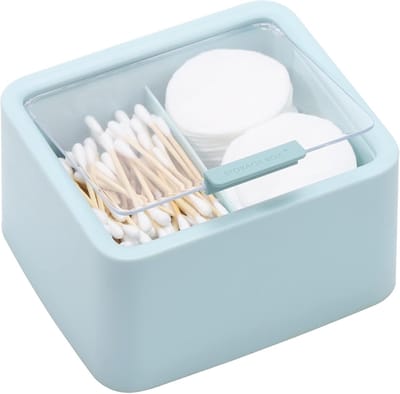 Grote organizer - 2-compartimenten wattenstaafjesdispenser - Badkamerorganizer - Perfect voor wattenbollen en cosmetische pads - Scharnierend deksel - Blauw