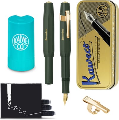 Kaweco - Cadeauset - (5delig) - Vulpen CLASSIC SPORT GROEN Fountain Pen - Extra Breed - Vintage blikje - Oktogonal Clip Vergoldet - Patronen houder TURKOISE - Vullingen