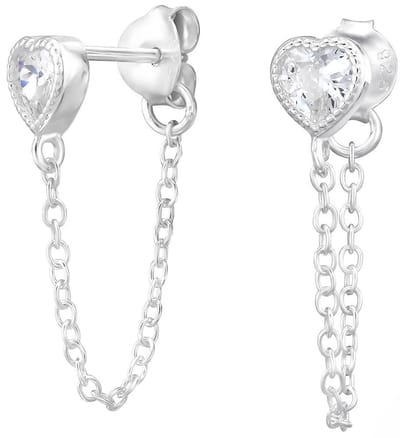 Joy|S - Zilveren hartje oorbellen met een kettinkje - ear jacket - zirkonia - sterling zilver 925