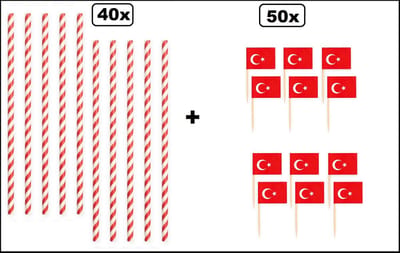 40x Papieren rietjes landen Turkije 20cm + 50x Cocktail vlag prikkers Turkije - WK sport festival themafeest party