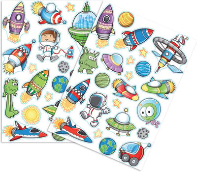 Stickers - Ruimtevaart & Aliens Cartoonstyle - Scrapbook Hobby DIY Stickervel - 1-9,5cm - 43 Stuks