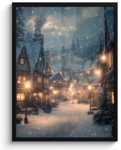 Poster in lijst - Fotolijst 60x80 cm - Posters - Winterdorp - Sneeuw - Donker - Posterlijst zwart - Decoratie - Wanddecoratie woonkamer - Muurdecoratie slaapkamer