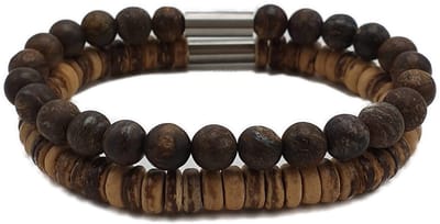 H-Beau - Duo – Cadeau - Set van 2 Handgemaakte Armbanden - Breedte: 8mm – Lengte: 21cm – Bruin - Beige - Mannen Armband - Natuurstenen - Natuurkralen - Bronziet – Kokos – Hout - Kralen - RVS Kraal – Mat – Heren – Unisex - Geschenk