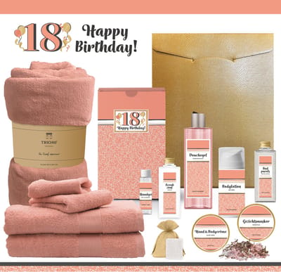 Geschenkset “18 Jaar Happy Birthday!” - 13 producten - 1980 gram | Giftset Cadeau Verjaardag - Speciaal Voor Haar Vrouw Gefeliciteerd Cadeaupakket Geschenk Pakket Gift Set Party Verjaardagscadeau Luxe Wellness Cadeaubox - Zalmroze