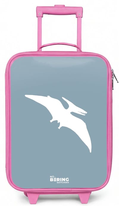 NoBoringSuitcases.com® - Kinderkoffer roze - Kindertrolley meisje - Blauw met Pteranodon dino - Koffer kind lichtgewicht - Reiskoffer trolley voor kinderen - Koffertje met lichtgevende wieltjes - Rolkoffer