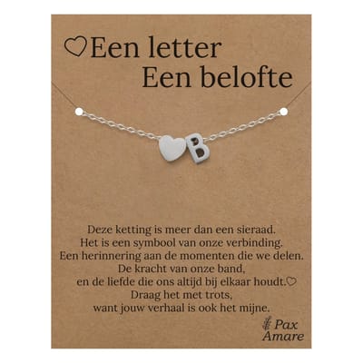 Letter B Armband op Cadeau Kaartje - Een letter, een belofte - 15,5cm + 5,5cm verstelbaar Zilverkleurig Stainless Steel - Initiaal & Hartje Hanger - Pax Amare