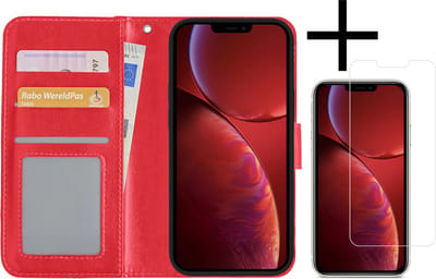 Hoesje - Met Screenprotector - Geschikt voor Apple iPhone 14 Pro - Luxe Pasjeshouder - Bookcase Portemonee - Flip Case - Kunstleer Book Case - Flipcase - Book Cover - Walletcase - Portemonneehoes - Rood