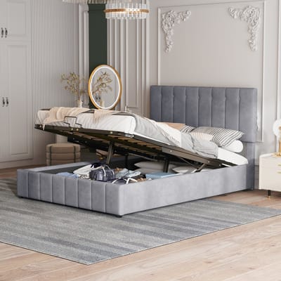 REDOM Ledikant 140x200 cm – Fluweel met hydraulische opbergruimte & verstelbaar hoofdbord – Grijs