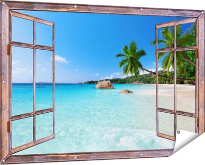 Gards Tuinposter Doorkijk Tropisch Strand en Zee - 150x100 cm - Tuindoek - Tuindecoratie - Wanddecoratie buiten - Tuinschilderij