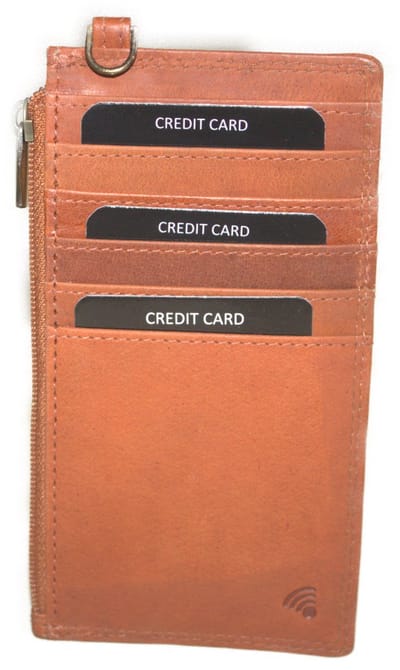 Oi retro oranje- cognackleurige leren pasjeshouder lang met rits / zeer dun creditcardmapje / plat lang pasjesmapje met ritsvak /beveiligd tegen skimmen / retro camel kleurig leer / 560Orange NR