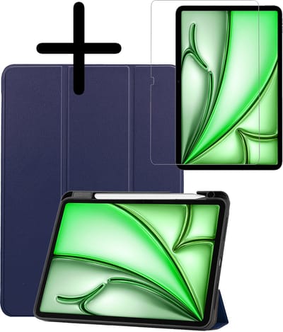 Hoesje Geschikt voor Apple iPad Air 6 (2024) - 11 inch - 6e Generatie - M2 - Met Screenprotector - Trifold Bookcase - Hard Cover Case - Met Uitsparing Geschikt voor Apple Pencil - Hardcover Book - Tablet Hoes - Donkerblauw