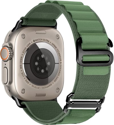 Stravo Alpine Loop Nylon Bandje Geschikt voor Apple Watch 46mm (Series 10/11), 45mm (Series 7/8/9), 44mm (Series 4/5/6, SE 1/2/3), 49mm (Ultra 1/2/3) – Groen/Zwart - Sportief Horlogebandjes met 6-Haak Sluiting