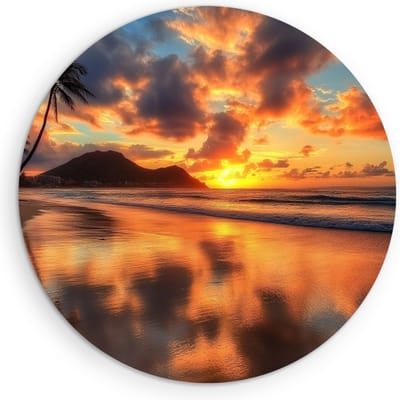 Saammp Muurcirkel Hout - Tropisch strand - Zee met zonsondergang - Ø 90 - Wandcirkel - Wanddecoratie Cirkel - muurdecoratie Woonkamer - Slaapkamer decoratie - Rond Schilderij