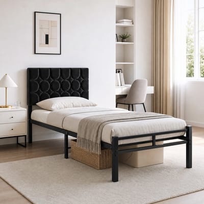 KUTAS Metalen Bedframe 90x200 cm - Stijlvol Eenpersoonsbed - Met Gestoffeerd Hoofdbord - Stevig & Antislip Ontwerp - Royale Opbergruimte - Eenvoudig te Monteren - Zonder Matras - Verstelbaar -Zwart