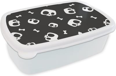 Broodtrommel Wit - Lunchbox - Brooddoos - Patronen - Skull - Skelet - Bot - Jongen - Jongetje - Kinderen - Kids - 18x12x6 cm - Volwassenen