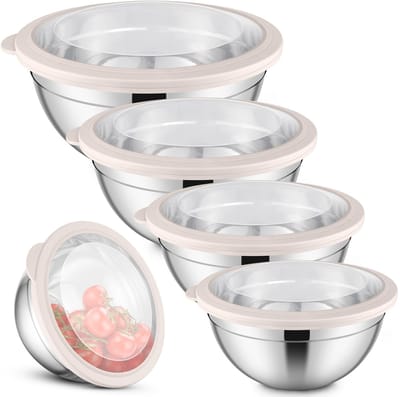 Dailygoods - Herogo 5-delige roerschaalset, roestvrijstalen slakom met transparant luchtdichte deksel, schaalset voor bakken en serveren, 4,5 l/2,7 l/1,5 l/1,2 l/0,7 l, stapelbaar, vaatwasmachinebestendig, kaki