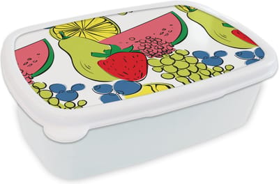 Broodtrommel Wit - Lunchbox - Brooddoos - Fruit - Cartoon - Patroon - 18x12x6 cm - Volwassenen
