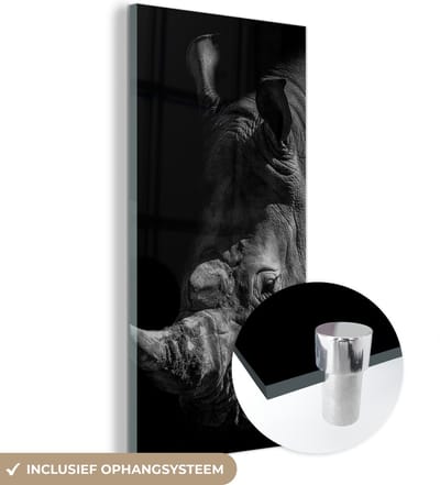 MuchoWow® Glasschilderij 20x40 cm - Schilderij acrylglas - Neushoorn - Wild dier - Portret - Foto op glas - Schilderijen