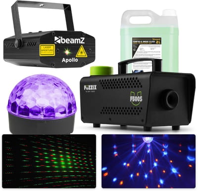 BeamZ licht en laser disco set - Met Jelly Ball, laser en rookmachine met 2 liter rookvloeistof