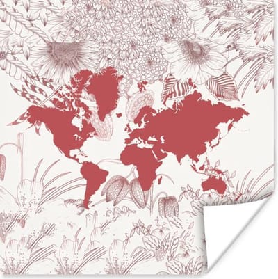 Poster 75x75 cm - Wereldkaart - Bloem - Roze - Posters - Kamer decoratie - Wanddecoratie woonkamer - Muurdecoratie slaapkamer