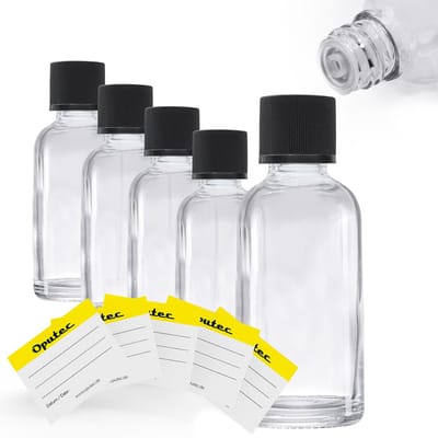 Oputec 5 x 30 ml druppelflesjes van helder glas & etiketten – praktische apothekersflesjes met druppelinzet – lekvrij & herbruikbaar