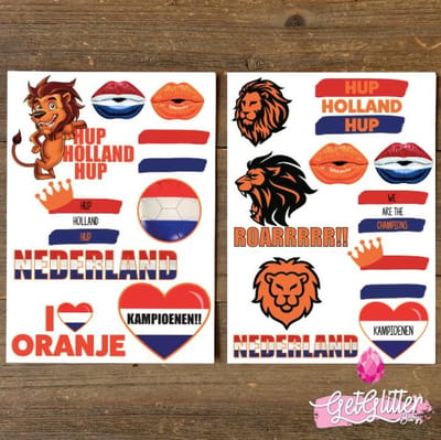 GetGlitterBaby® - Plak Tattoos Voetbal / Tijdelijke Tattoo Stickers / Nep Tatoeage / Rood Wit Blauw Oranje Gezicht en Lichaam Schmink Versiering - Nederland / Nederlandse Vlag / Nederlands Elftal - 2 stuks