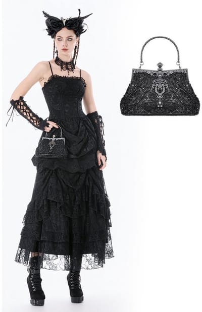 Dark in Love - Vintage Beaded Gilded Evening Bag Handtas - Zwart
