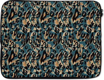 Laptophoes 17 inch - Tijgerprint - Dierenprint - Turquoise - Laptop sleeve - Binnenmaat 41x28 cm - Zwarte achterkant