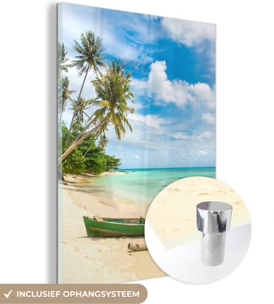 MuchoWow® Glasschilderij 30x40 cm - Schilderij acrylglas - Strand - Kano - Palmboom - Tropical - Foto op glas - Schilderijen