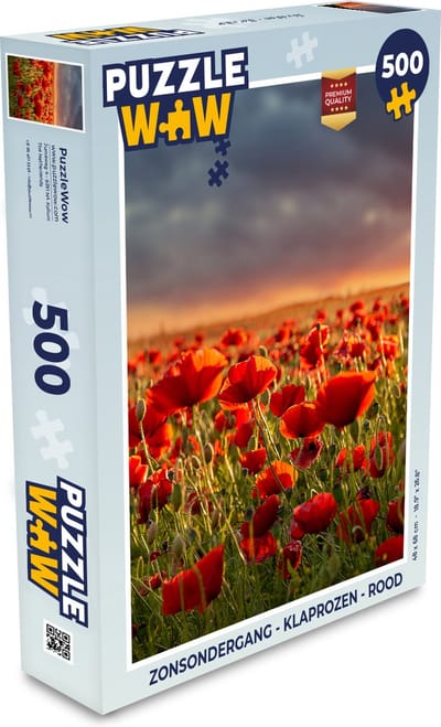 Puzzel Zonsondergang - Klaprozen - Rood - Bloemen - Veld - Natuur - Legpuzzel - Puzzel 500 stukjes