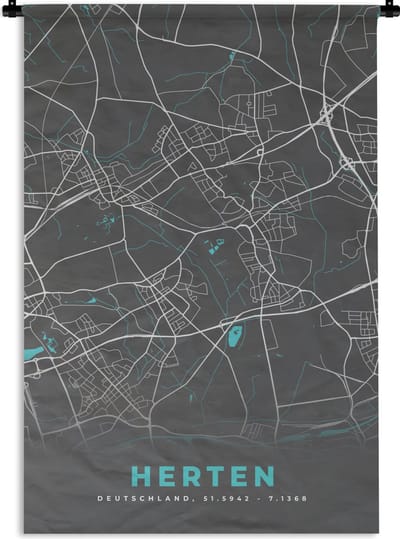 Wandkleed - Wanddoek - Herten – Stadskaart – Blauw – Plattegrond – Stadskaart – Kaart - Duitsland - 120x180 cm - Wandtapijt