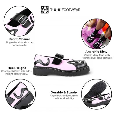 TUK Dames Mary Jane Kitty Roze Zwarte Leren Platform Goth Schoenen - T2344