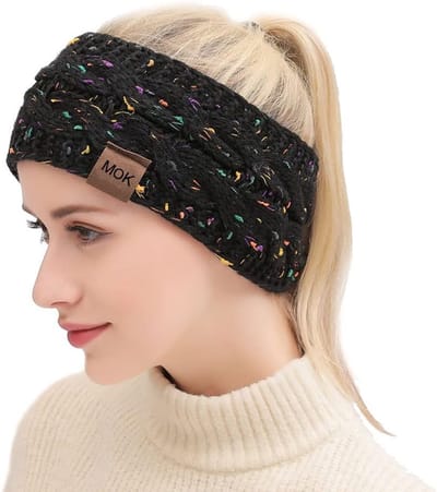 Famanu - Hoofdbanden voor dames, winter, gebreid, pluche, oorwarmers, 2 stuks, zwart + roze nekwarmer