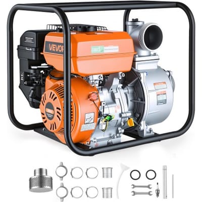 VEVOR benzine waterpomp 422 GPM, 4 inch vuilwaterpomp 8,3 pk draagbare motorpomp met 7,62 m afvoerslang en gietijzeren waaier. Waterpomp voor irrigatie, drainage, bouwplaatsen en vijvers.