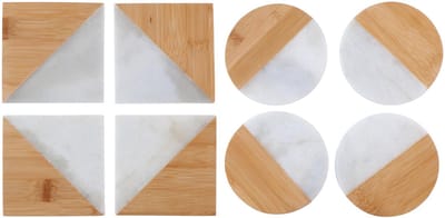 alpina Onderzetters 10x10 cm - Natuursteen en Bamboe Design - Rond of Vierkant Assorti - 4 Stuks