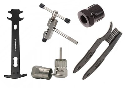 Fiets gereedschapset: cassette, vriewiel, ketting, borstels & meter