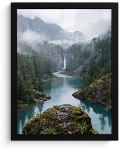 Poster in lijst - Fotolijst 30x40 cm - Posters - Waterval - Bomen - Bergen - Posterlijst zwart - Decoratie - Wanddecoratie woonkamer - Muurdecoratie slaapkamer