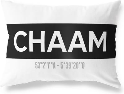 Tuinkussen CHAAM - NOORD-BRABANT met coördinaten - Buitenkussen - Bootkussen - Weerbestendig - Jouw Plaats - Studio216 - Modern - Zwart-Wit - 50x30cm